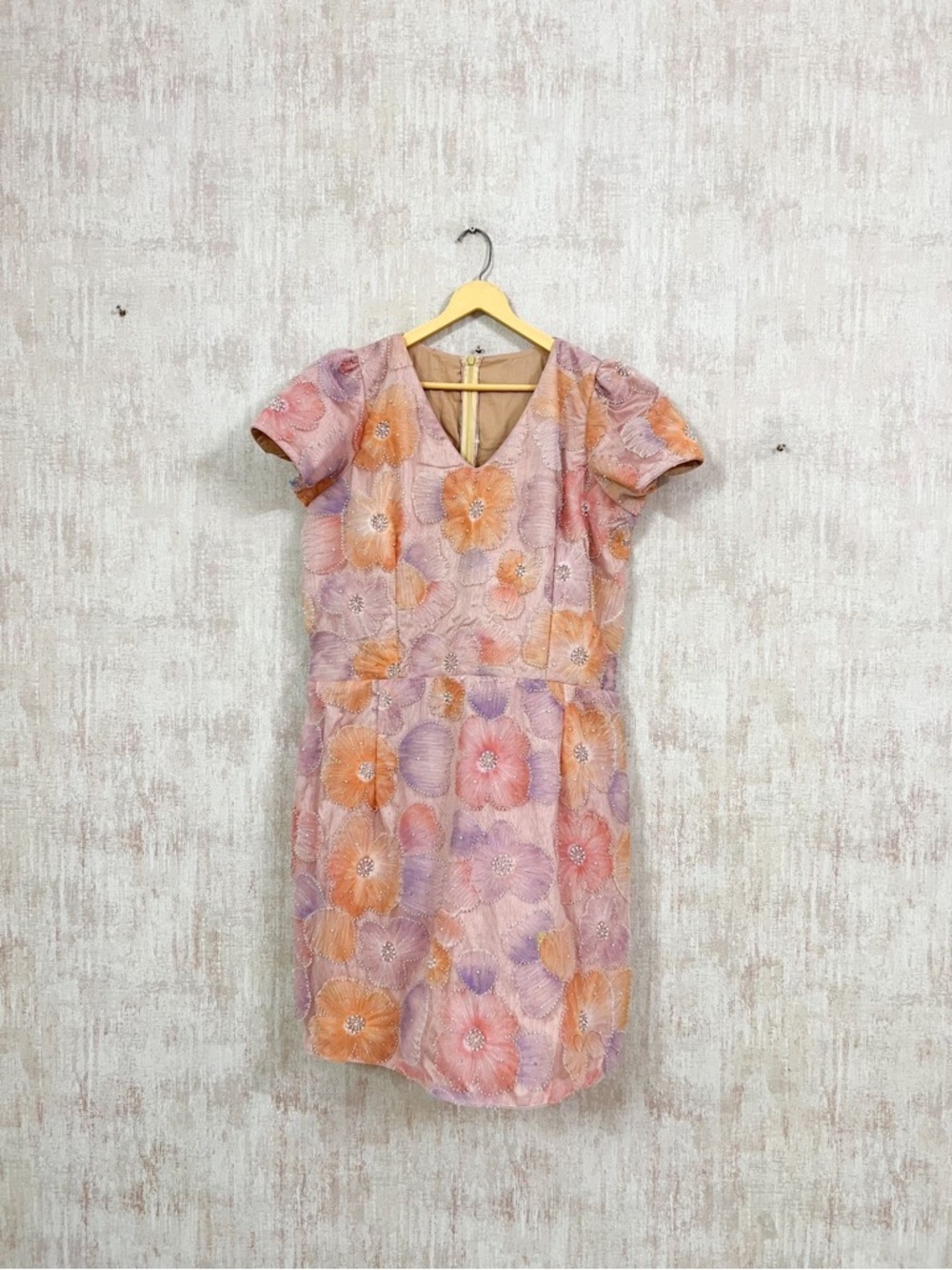 Floral Embroidered Pink & Orange Short Sleeve Dress